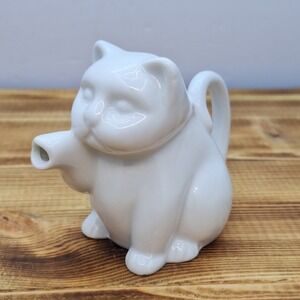 Two's Company Small Porcelain Kitty Creamer Solid White‎ Tail Is Handle